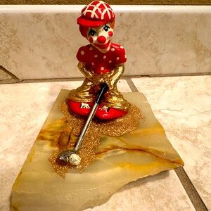Colorful Clown Golfer Figurine on Stone Base by Ron Lee.